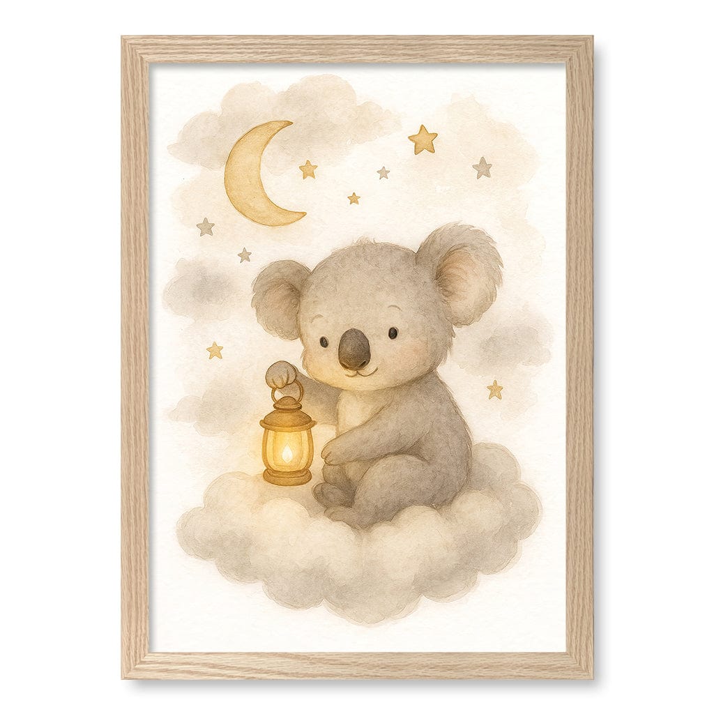 Baby Koala Hanging Lantern Nursery Wall Art Print A3 (29.7 x 42cm) / Natural Oak Frame / No Border from our Australian Made Framed Wall Art, Prints & Posters collection by Profile Products (Australia) Pty Ltd