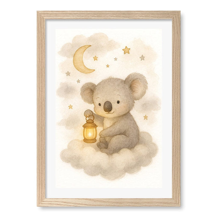 Baby Koala Hanging Lantern Nursery Wall Art Print A3 (29.7 x 42cm) / Natural Oak Frame / White Border from our Australian Made Framed Wall Art, Prints & Posters collection by Profile Products (Australia) Pty Ltd