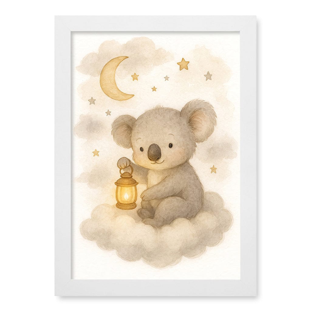 Baby Koala Hanging Lantern Nursery Wall Art Print A4 (21 x 29.7cm) / Matte White Frame / No Border from our Australian Made Framed Wall Art, Prints & Posters collection by Profile Products (Australia) Pty Ltd