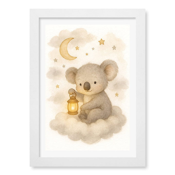Baby Koala Hanging Lantern Nursery Wall Art Print A4 (21 x 29.7cm) / Matte White Frame / White Border from our Australian Made Framed Wall Art, Prints & Posters collection by Profile Products (Australia) Pty Ltd