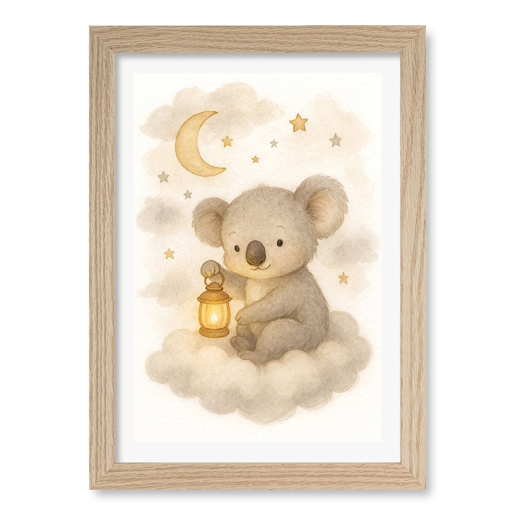 Baby Koala Hanging Lantern Nursery Wall Art Print A4 (21 x 29.7cm) / Natural Oak Frame / White Border from our Australian Made Framed Wall Art, Prints & Posters collection by Profile Products (Australia) Pty Ltd