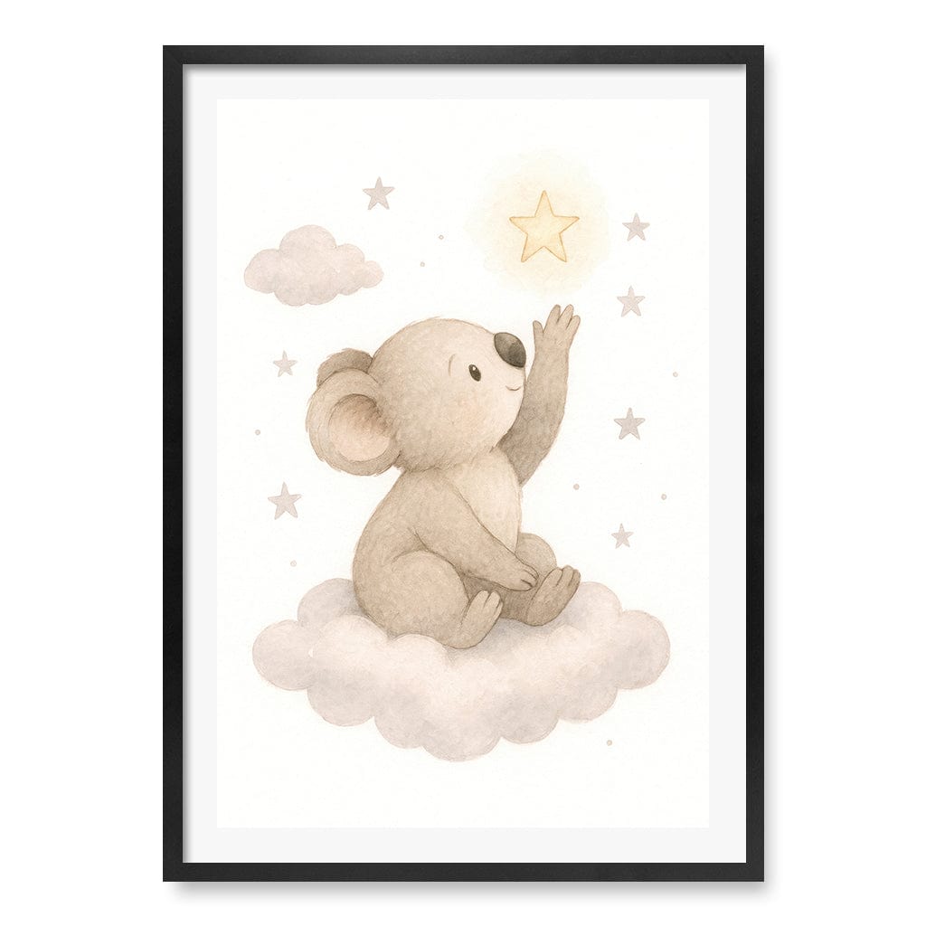 Baby Koala Reaching for Stars Nursery Wall Art Print A1 (59.4 x 84.1cm) / Matte Black Frame / White Border from our Australian Made Framed Wall Art, Prints & Posters collection by Profile Products (Australia) Pty Ltd