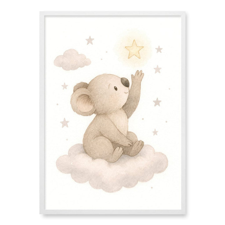 Baby Koala Reaching for Stars Nursery Wall Art Print A1 (59.4 x 84.1cm) / Matte White Frame / No Border from our Australian Made Framed Wall Art, Prints & Posters collection by Profile Products (Australia) Pty Ltd