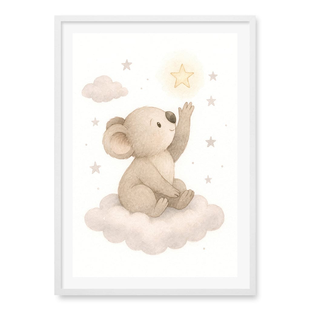 Baby Koala Reaching for Stars Nursery Wall Art Print A1 (59.4 x 84.1cm) / Matte White Frame / White Border from our Australian Made Framed Wall Art, Prints & Posters collection by Profile Products (Australia) Pty Ltd