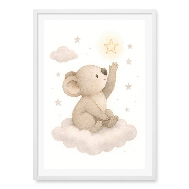 Baby Koala Reaching for Stars Nursery Wall Art Print A1 (59.4 x 84.1cm) / Matte White Frame / White Border from our Australian Made Framed Wall Art, Prints & Posters collection by Profile Products (Australia) Pty Ltd
