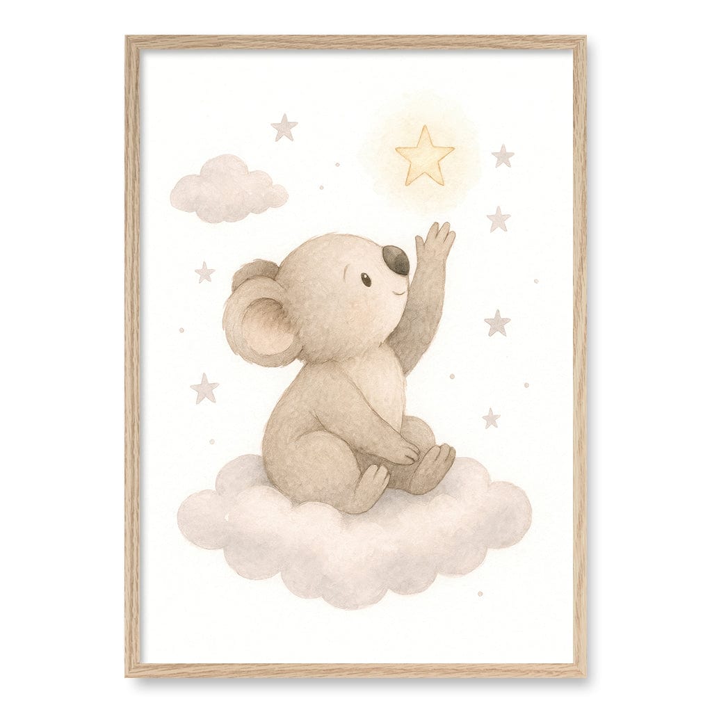 Baby Koala Reaching for Stars Nursery Wall Art Print A1 (59.4 x 84.1cm) / Natural Oak Frame / No Border from our Australian Made Framed Wall Art, Prints & Posters collection by Profile Products (Australia) Pty Ltd