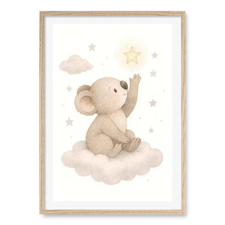 Baby Koala Reaching for Stars Nursery Wall Art Print A1 (59.4 x 84.1cm) / Natural Oak Frame / White Border from our Australian Made Framed Wall Art, Prints & Posters collection by Profile Products (Australia) Pty Ltd