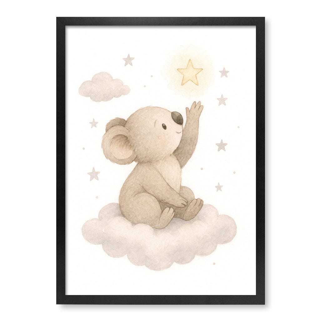 Baby Koala Reaching for Stars Nursery Wall Art Print A2 (42 x 59.4cm) / Matte Black Frame / No Border from our Australian Made Framed Wall Art, Prints & Posters collection by Profile Products (Australia) Pty Ltd