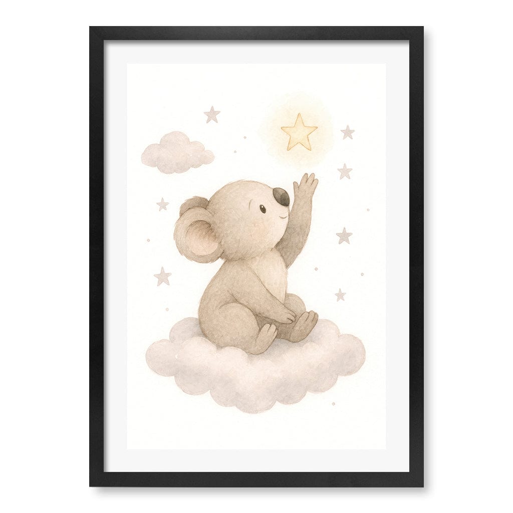 Baby Koala Reaching for Stars Nursery Wall Art Print A2 (42 x 59.4cm) / Matte Black Frame / White Border from our Australian Made Framed Wall Art, Prints & Posters collection by Profile Products (Australia) Pty Ltd