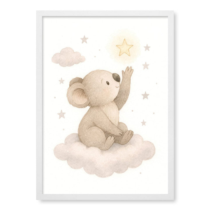 Baby Koala Reaching for Stars Nursery Wall Art Print A2 (42 x 59.4cm) / Matte White Frame / No Border from our Australian Made Framed Wall Art, Prints & Posters collection by Profile Products (Australia) Pty Ltd