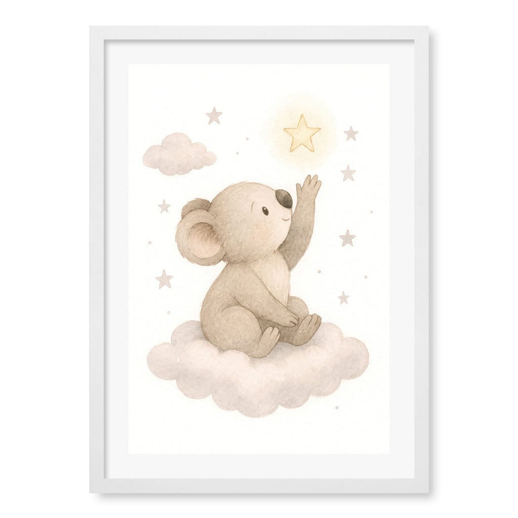 Baby Koala Reaching for Stars Nursery Wall Art Print A2 (42 x 59.4cm) / Matte White Frame / White Border from our Australian Made Framed Wall Art, Prints & Posters collection by Profile Products (Australia) Pty Ltd