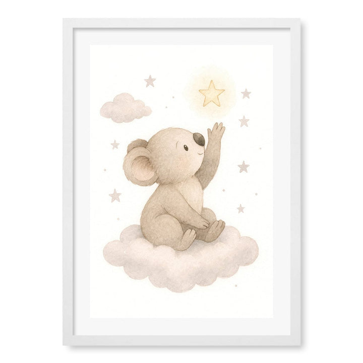 Baby Koala Reaching for Stars Nursery Wall Art Print A2 (42 x 59.4cm) / Matte White Frame / White Border from our Australian Made Framed Wall Art, Prints & Posters collection by Profile Products (Australia) Pty Ltd