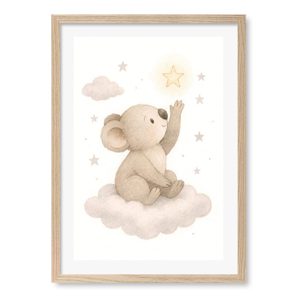 Baby Koala Reaching for Stars Nursery Wall Art Print A2 (42 x 59.4cm) / Natural Oak Frame / White Border from our Australian Made Framed Wall Art, Prints & Posters collection by Profile Products (Australia) Pty Ltd