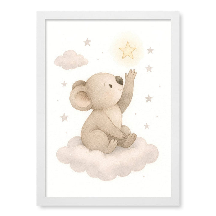 Baby Koala Reaching for Stars Nursery Wall Art Print A3 (29.7 x 42cm) / Matte White Frame / No Border from our Australian Made Framed Wall Art, Prints & Posters collection by Profile Products (Australia) Pty Ltd