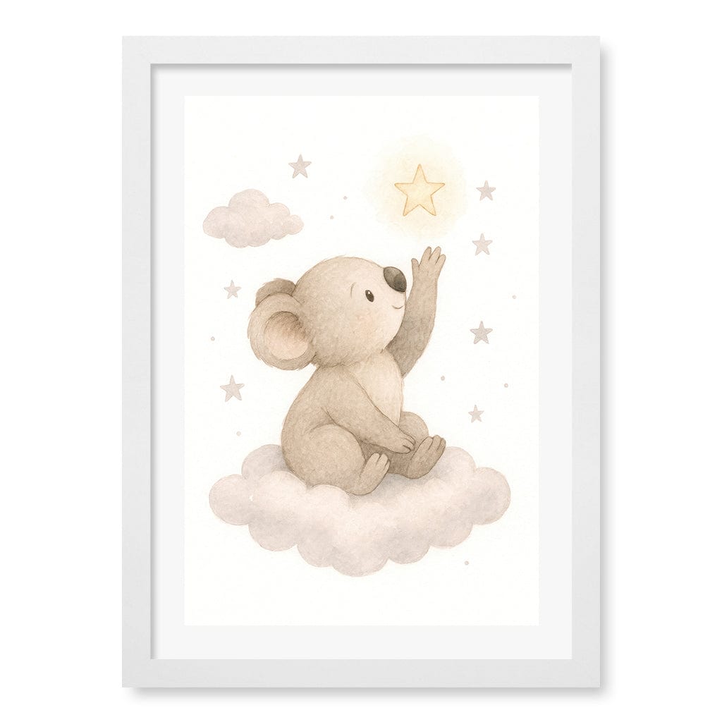 Baby Koala Reaching for Stars Nursery Wall Art Print A3 (29.7 x 42cm) / Matte White Frame / White Border from our Australian Made Framed Wall Art, Prints & Posters collection by Profile Products (Australia) Pty Ltd