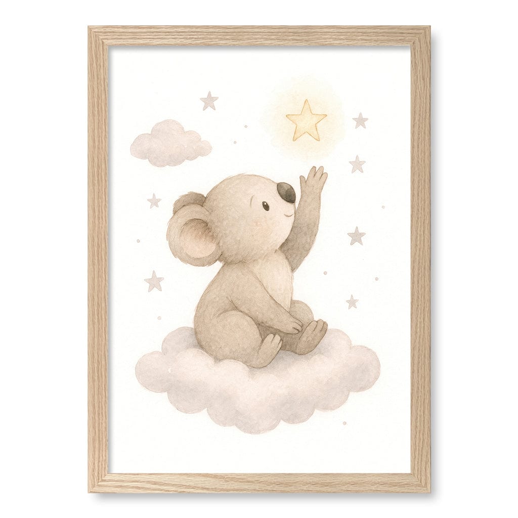 Baby Koala Reaching for Stars Nursery Wall Art Print A3 (29.7 x 42cm) / Natural Oak Frame / No Border from our Australian Made Framed Wall Art, Prints & Posters collection by Profile Products (Australia) Pty Ltd