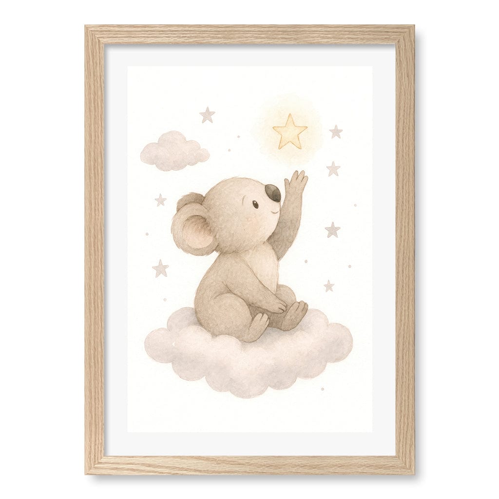 Baby Koala Reaching for Stars Nursery Wall Art Print A3 (29.7 x 42cm) / Natural Oak Frame / White Border from our Australian Made Framed Wall Art, Prints & Posters collection by Profile Products (Australia) Pty Ltd