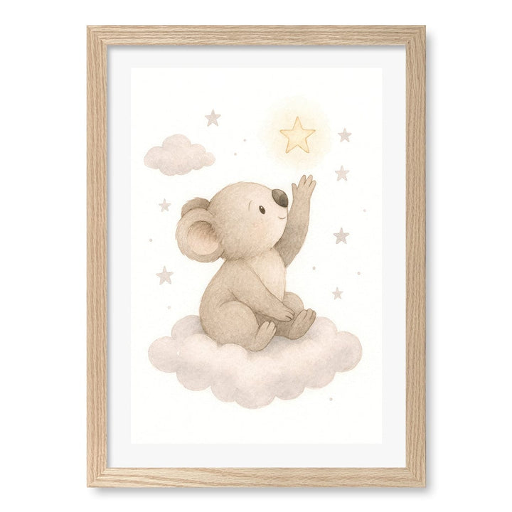Baby Koala Reaching for Stars Nursery Wall Art Print A3 (29.7 x 42cm) / Natural Oak Frame / White Border from our Australian Made Framed Wall Art, Prints & Posters collection by Profile Products (Australia) Pty Ltd