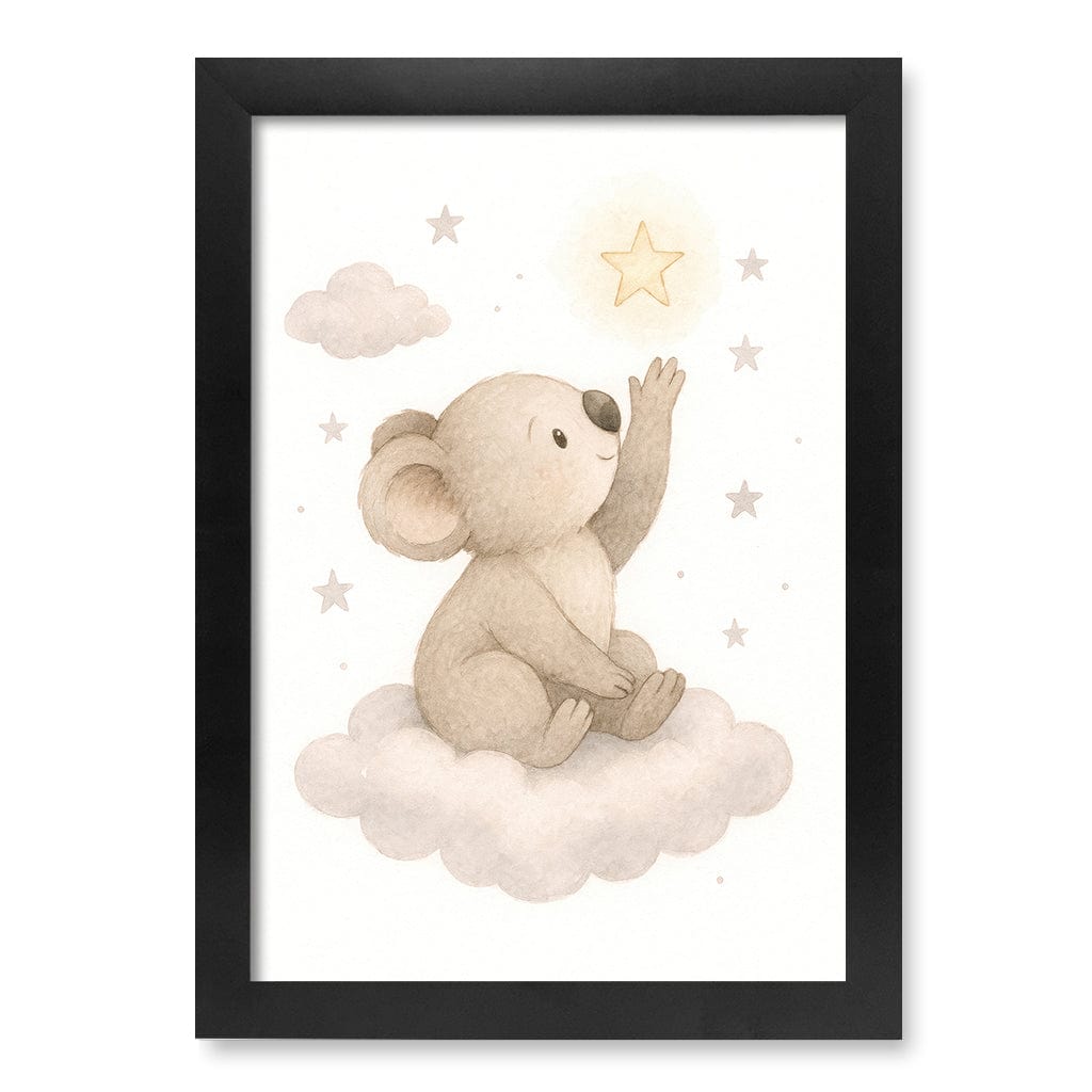 Baby Koala Reaching for Stars Nursery Wall Art Print A4 (21 x 29.7cm) / Matte Black Frame / No Border from our Australian Made Framed Wall Art, Prints & Posters collection by Profile Products (Australia) Pty Ltd