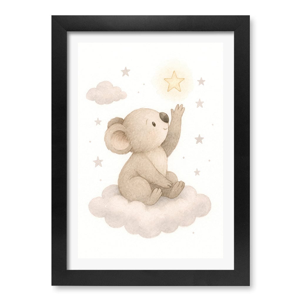 Baby Koala Reaching for Stars Nursery Wall Art Print A4 (21 x 29.7cm) / Matte Black Frame / White Border from our Australian Made Framed Wall Art, Prints & Posters collection by Profile Products (Australia) Pty Ltd