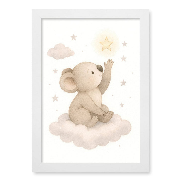 Baby Koala Reaching for Stars Nursery Wall Art Print A4 (21 x 29.7cm) / Matte White Frame / No Border from our Australian Made Framed Wall Art, Prints & Posters collection by Profile Products (Australia) Pty Ltd
