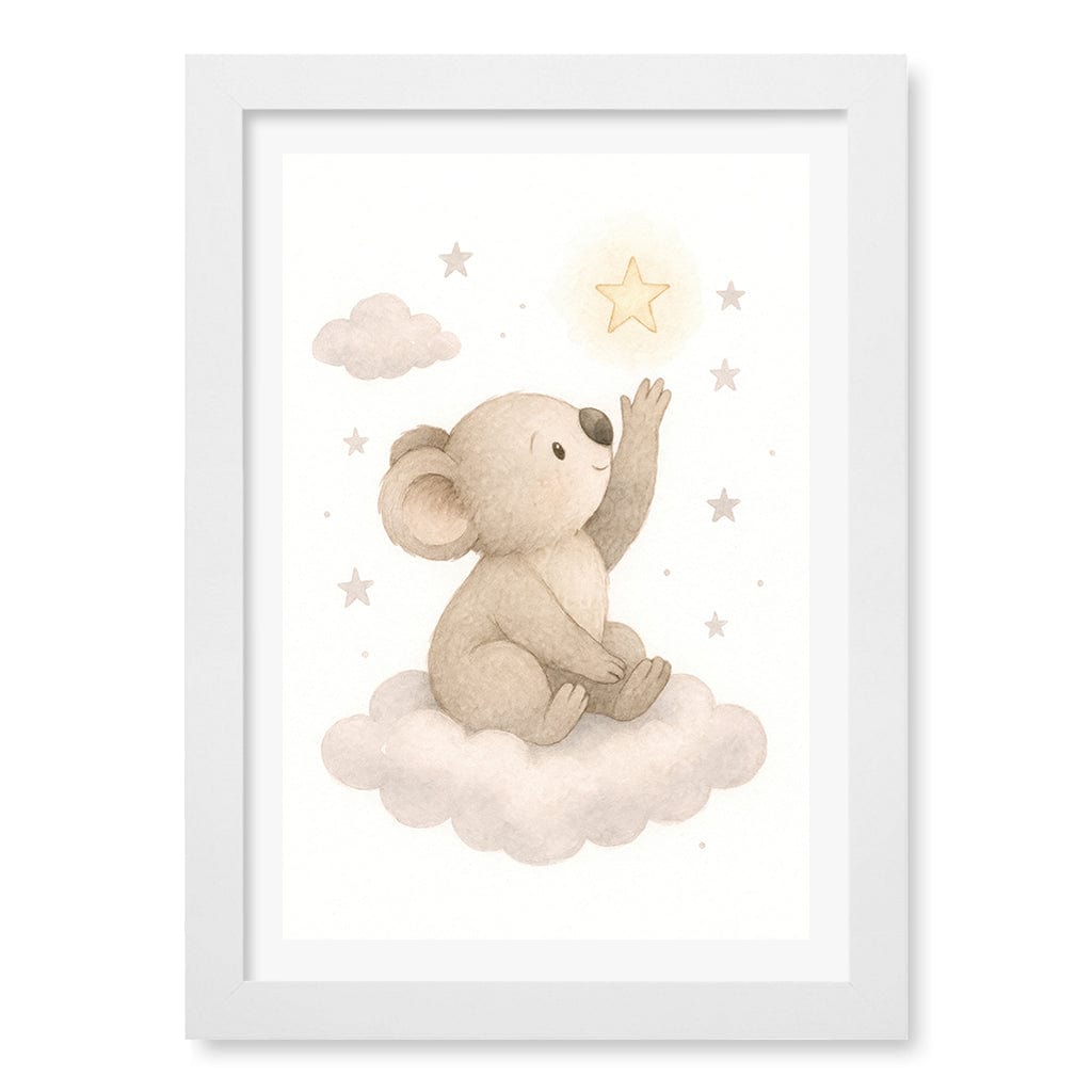 Baby Koala Reaching for Stars Nursery Wall Art Print A4 (21 x 29.7cm) / Matte White Frame / White Border from our Australian Made Framed Wall Art, Prints & Posters collection by Profile Products (Australia) Pty Ltd