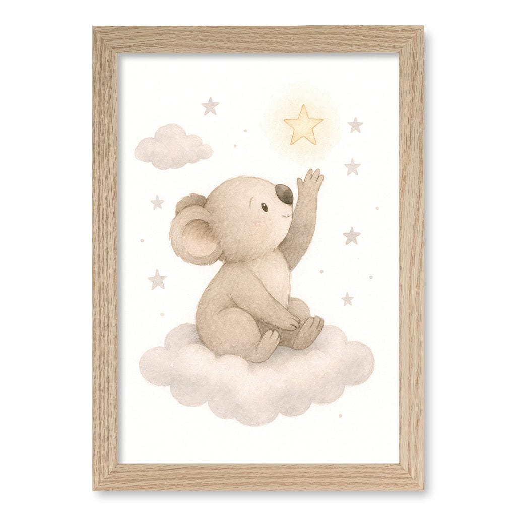 Baby Koala Reaching for Stars Nursery Wall Art Print A4 (21 x 29.7cm) / Natural Oak Frame / No Border from our Australian Made Framed Wall Art, Prints & Posters collection by Profile Products (Australia) Pty Ltd