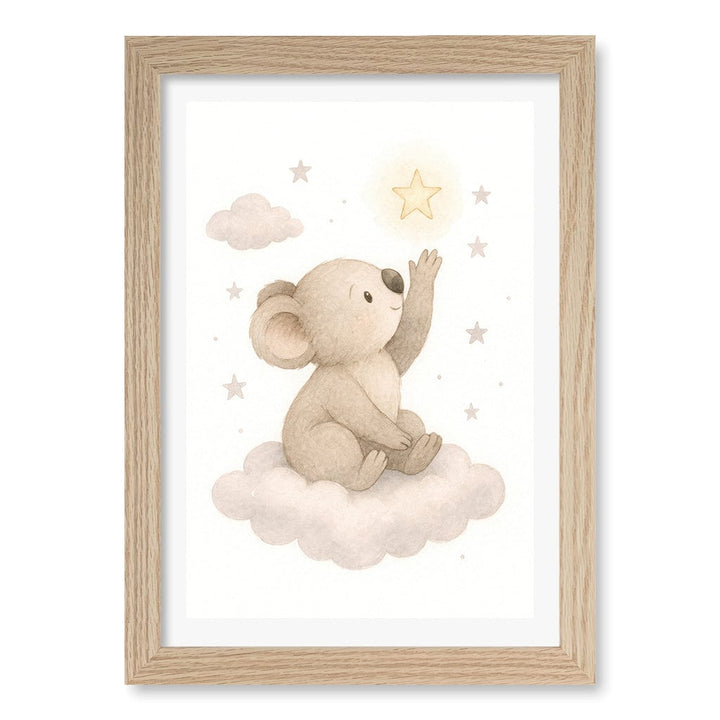 Baby Koala Reaching for Stars Nursery Wall Art Print A4 (21 x 29.7cm) / Natural Oak Frame / White Border from our Australian Made Framed Wall Art, Prints & Posters collection by Profile Products (Australia) Pty Ltd