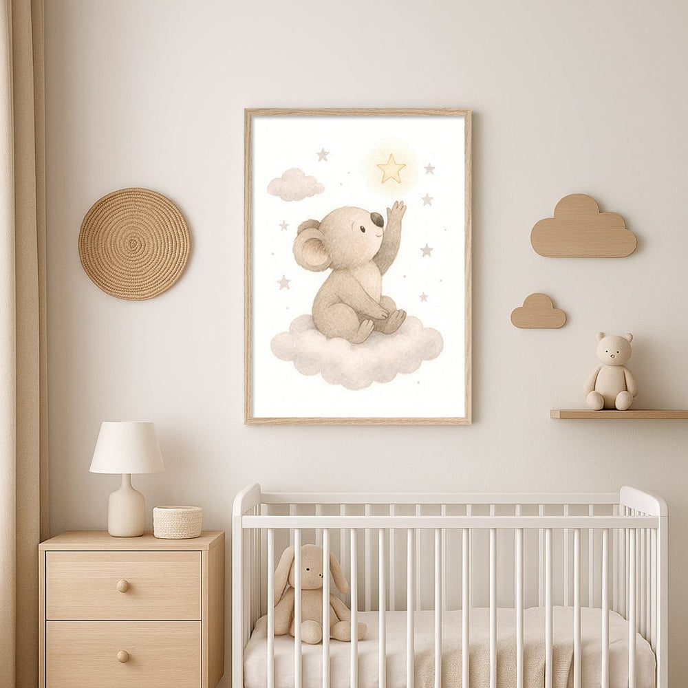 Baby Koala Reaching for Stars Nursery Wall Art Print from our Australian Made Framed Wall Art, Prints & Posters collection by Profile Products (Australia) Pty Ltd