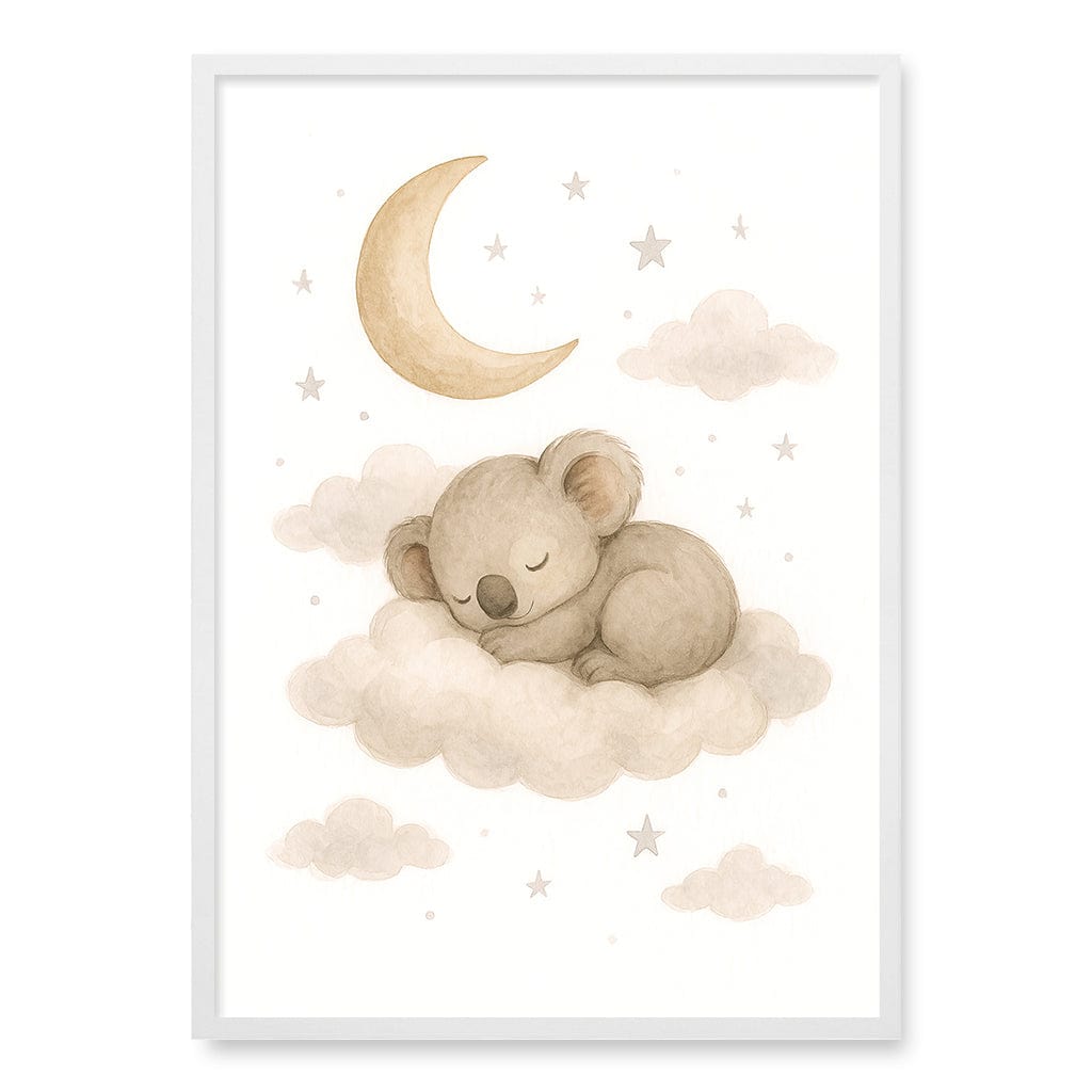 Baby Koala Sleeping Cloud Nursery Wall Art Print A1 (59.4 x 84.1cm) / Matte White Frame / No Border from our Australian Made Framed Wall Art, Prints & Posters collection by Profile Products (Australia) Pty Ltd