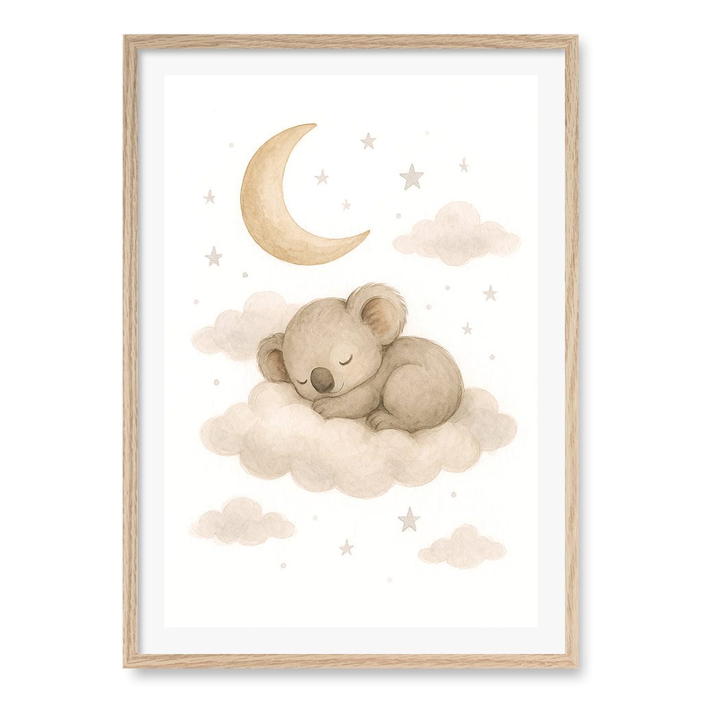 Baby Koala Sleeping Cloud Nursery Wall Art Print A1 (59.4 x 84.1cm) / Natural Oak Frame / White Border from our Australian Made Framed Wall Art, Prints & Posters collection by Profile Products (Australia) Pty Ltd