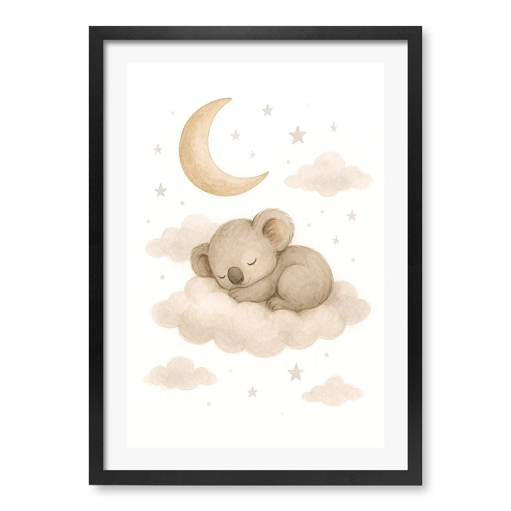 Baby Koala Sleeping Cloud Nursery Wall Art Print A2 (42 x 59.4cm) / Matte Black Frame / White Border from our Australian Made Framed Wall Art, Prints & Posters collection by Profile Products (Australia) Pty Ltd