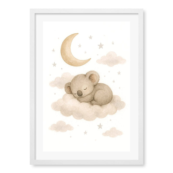 Baby Koala Sleeping Cloud Nursery Wall Art Print A2 (42 x 59.4cm) / Matte White Frame / White Border from our Australian Made Framed Wall Art, Prints & Posters collection by Profile Products (Australia) Pty Ltd