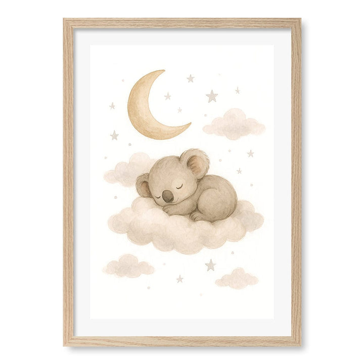 Baby Koala Sleeping Cloud Nursery Wall Art Print A2 (42 x 59.4cm) / Natural Oak Frame / White Border from our Australian Made Framed Wall Art, Prints & Posters collection by Profile Products (Australia) Pty Ltd