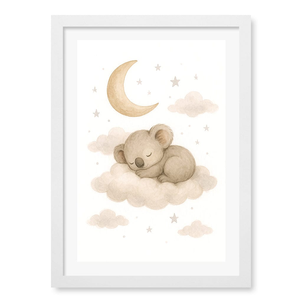 Baby Koala Sleeping Cloud Nursery Wall Art Print A3 (29.7 x 42cm) / Matte White Frame / White Border from our Australian Made Framed Wall Art, Prints & Posters collection by Profile Products (Australia) Pty Ltd