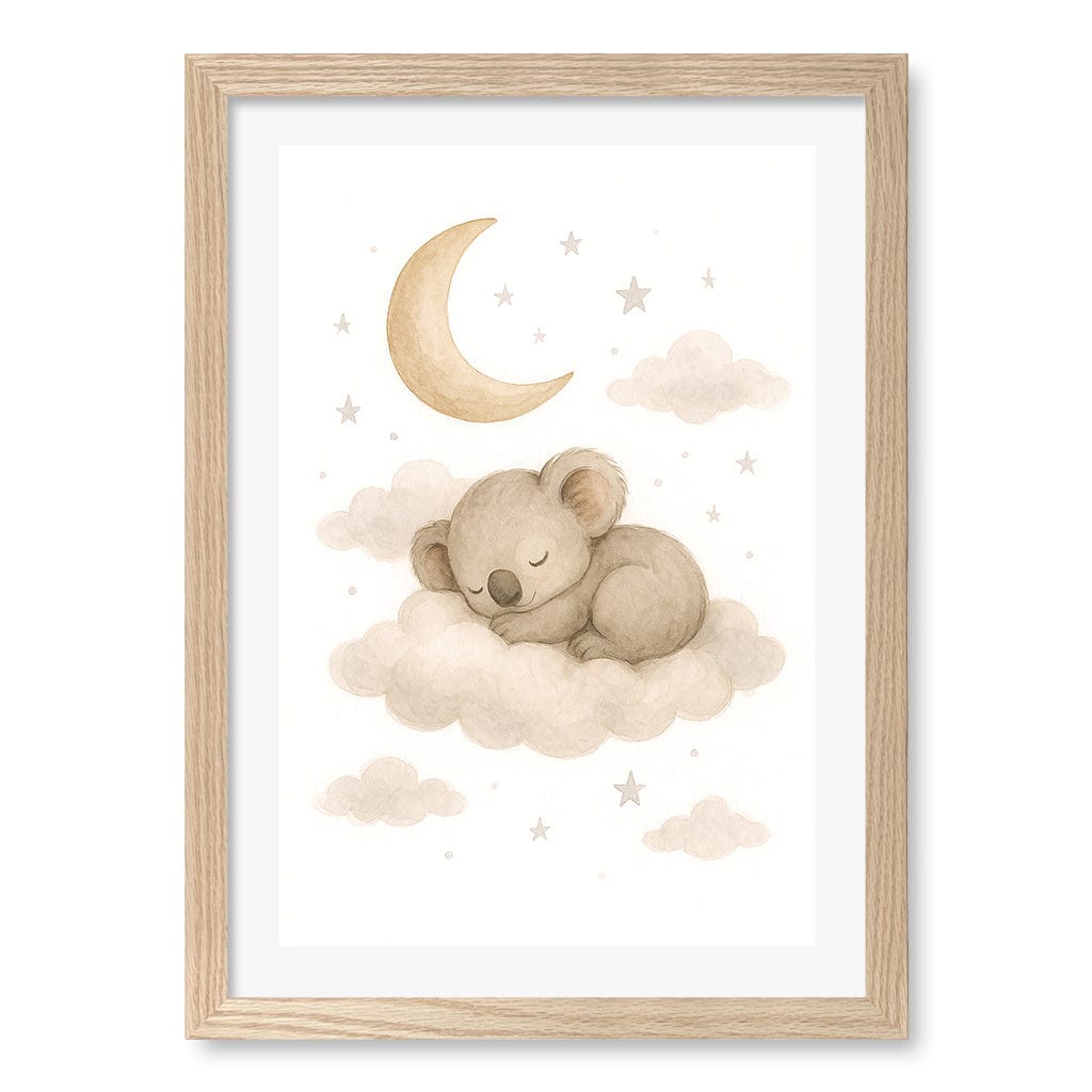 Baby Koala Sleeping Cloud Nursery Wall Art Print A3 (29.7 x 42cm) / Natural Oak Frame / White Border from our Australian Made Framed Wall Art, Prints & Posters collection by Profile Products (Australia) Pty Ltd