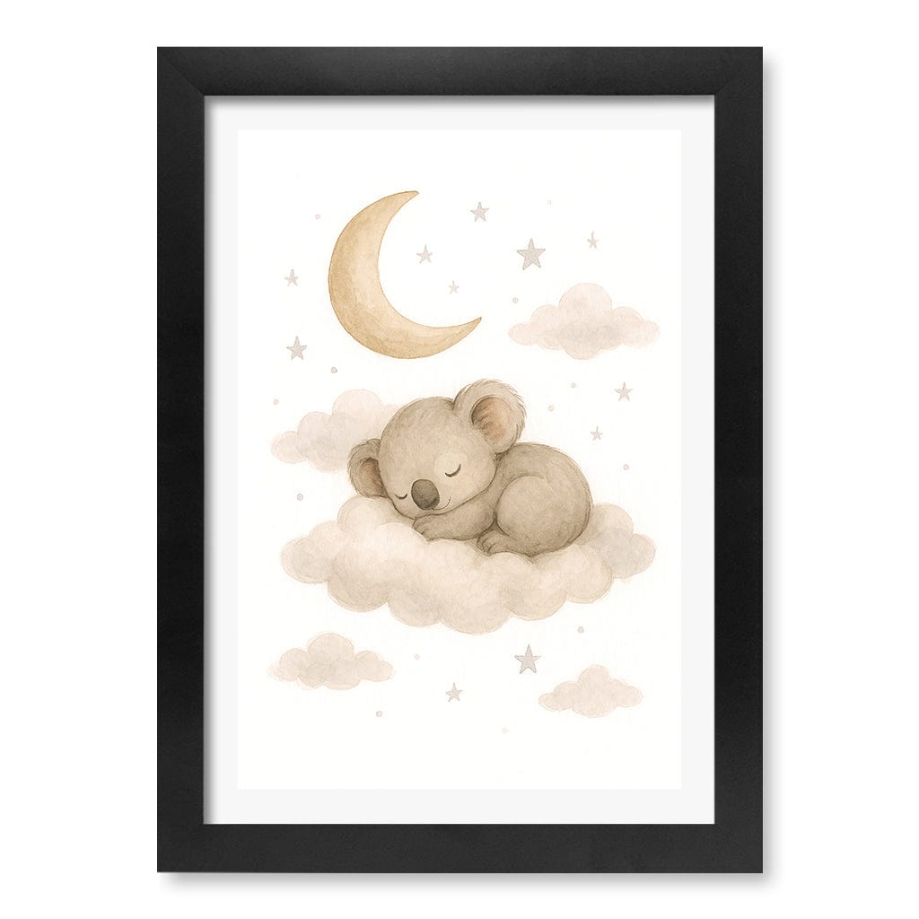 Baby Koala Sleeping Cloud Nursery Wall Art Print A4 (21 x 29.7cm) / Matte Black Frame / White Border from our Australian Made Framed Wall Art, Prints & Posters collection by Profile Products (Australia) Pty Ltd