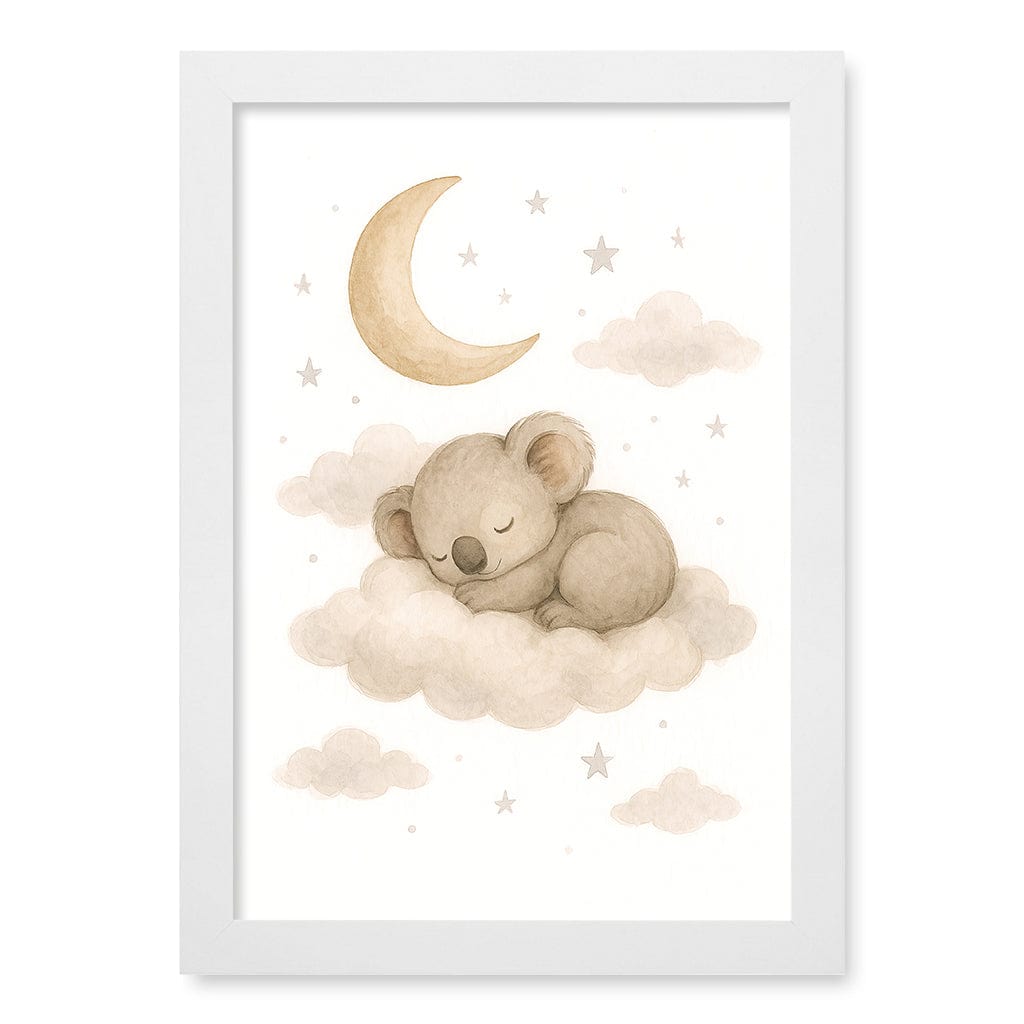 Baby Koala Sleeping Cloud Nursery Wall Art Print A4 (21 x 29.7cm) / Matte White Frame / No Border from our Australian Made Framed Wall Art, Prints & Posters collection by Profile Products (Australia) Pty Ltd