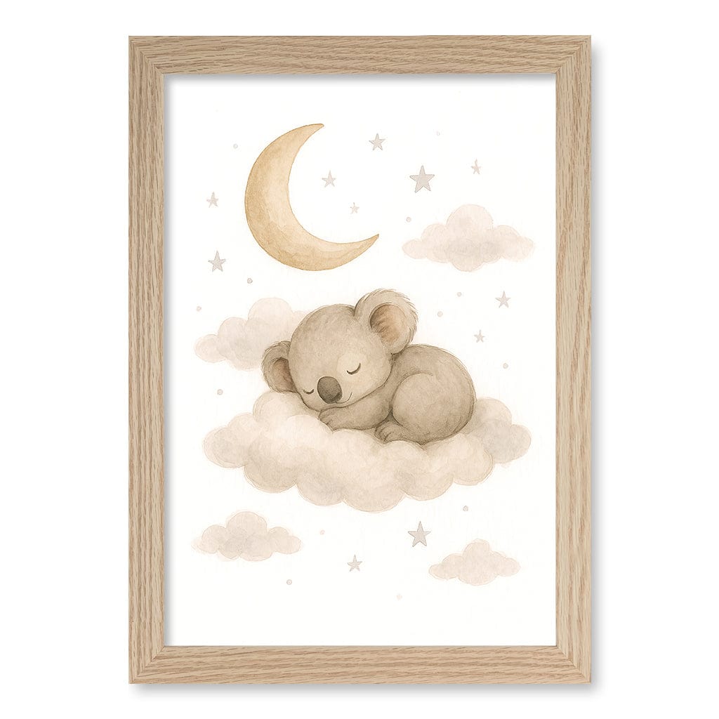 Baby Koala Sleeping Cloud Nursery Wall Art Print A4 (21 x 29.7cm) / Natural Oak Frame / No Border from our Australian Made Framed Wall Art, Prints & Posters collection by Profile Products (Australia) Pty Ltd