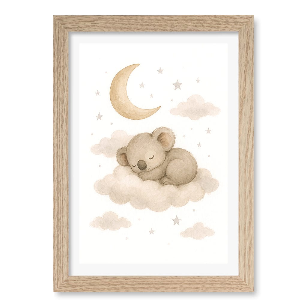 Baby Koala Sleeping Cloud Nursery Wall Art Print A4 (21 x 29.7cm) / Natural Oak Frame / White Border from our Australian Made Framed Wall Art, Prints & Posters collection by Profile Products (Australia) Pty Ltd