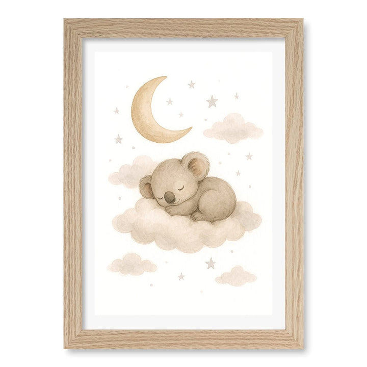 Baby Koala Sleeping Cloud Nursery Wall Art Print A4 (21 x 29.7cm) / Natural Oak Frame / White Border from our Australian Made Framed Wall Art, Prints & Posters collection by Profile Products (Australia) Pty Ltd