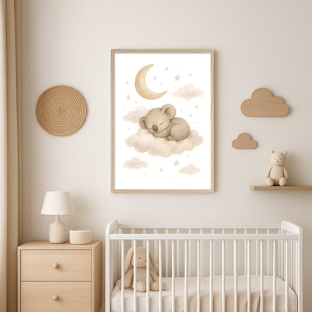Baby Koala Sleeping Cloud Nursery Wall Art Print from our Australian Made Framed Wall Art, Prints & Posters collection by Profile Products (Australia) Pty Ltd