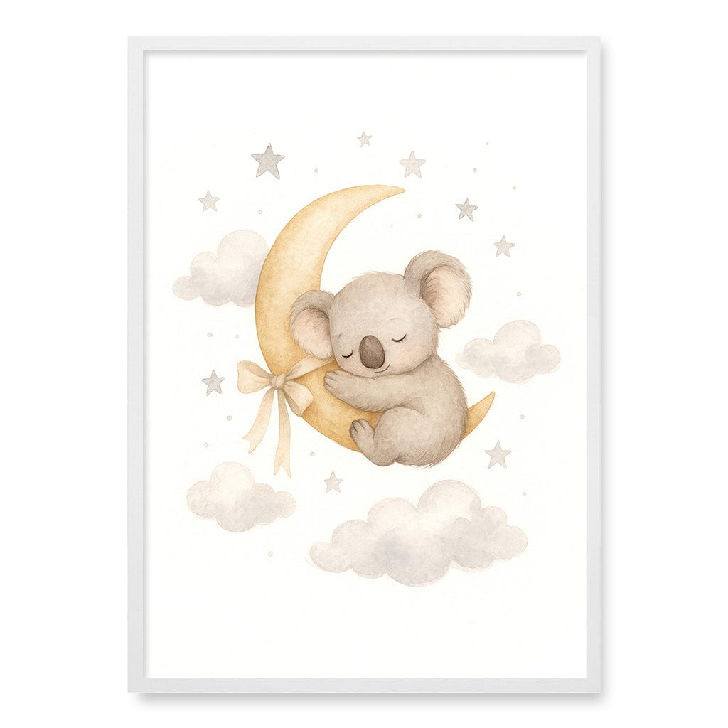 Baby Koala Sleeping Moon Nursery Wall Art Print A1 (59.4 x 84.1cm) / Matte White Frame / No Border from our Australian Made Framed Wall Art, Prints & Posters collection by Profile Products (Australia) Pty Ltd