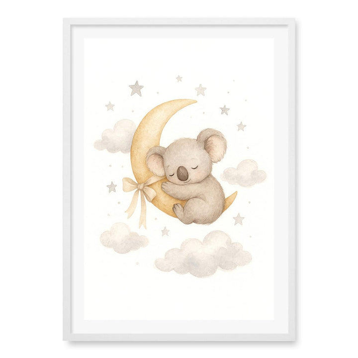 Baby Koala Sleeping Moon Nursery Wall Art Print A1 (59.4 x 84.1cm) / Matte White Frame / White Border from our Australian Made Framed Wall Art, Prints & Posters collection by Profile Products (Australia) Pty Ltd