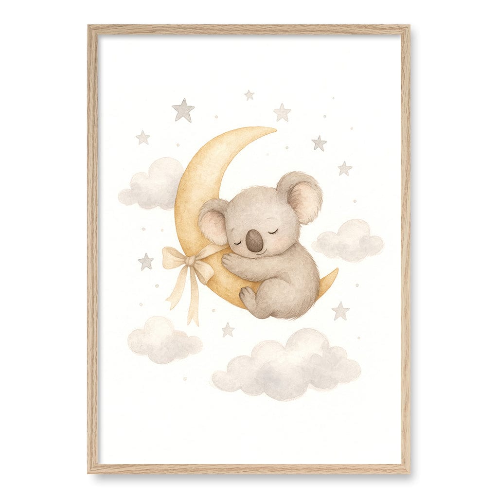 Baby Koala Sleeping Moon Nursery Wall Art Print A1 (59.4 x 84.1cm) / Natural Oak Frame / No Border from our Australian Made Framed Wall Art, Prints & Posters collection by Profile Products (Australia) Pty Ltd