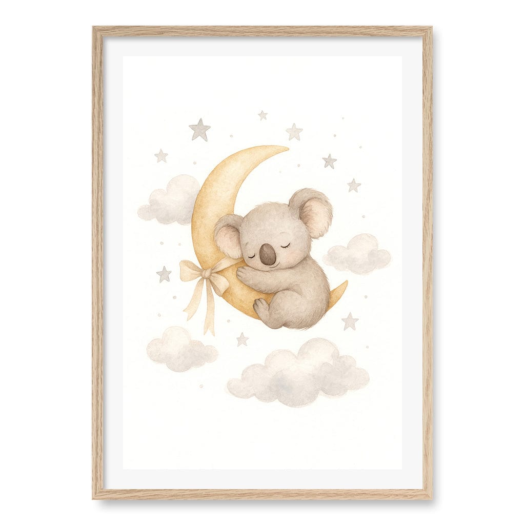 Baby Koala Sleeping Moon Nursery Wall Art Print A1 (59.4 x 84.1cm) / Natural Oak Frame / White Border from our Australian Made Framed Wall Art, Prints & Posters collection by Profile Products (Australia) Pty Ltd