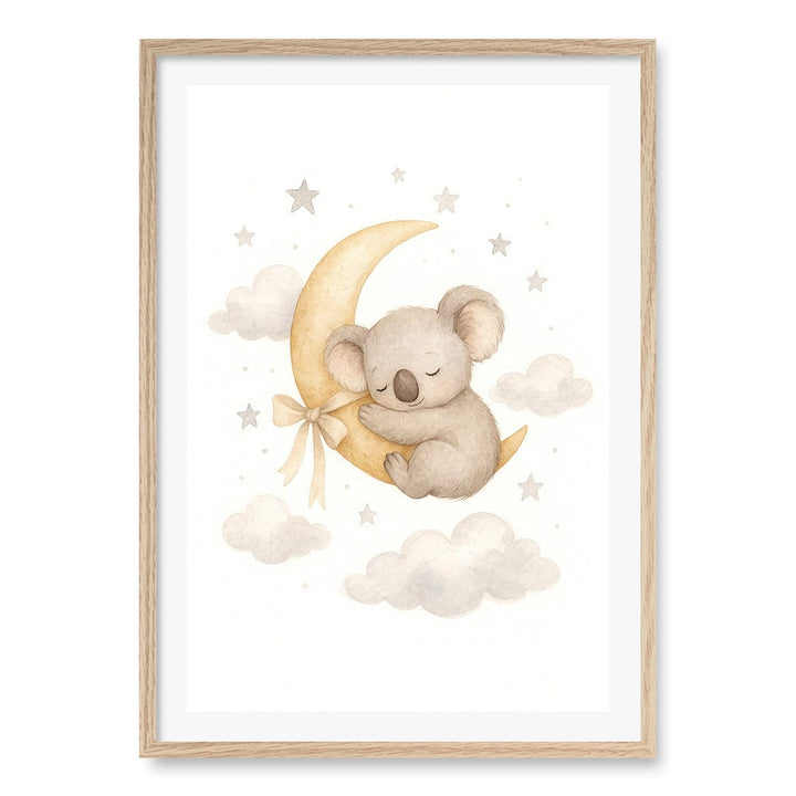 Baby Koala Sleeping Moon Nursery Wall Art Print A1 (59.4 x 84.1cm) / Natural Oak Frame / White Border from our Australian Made Framed Wall Art, Prints & Posters collection by Profile Products (Australia) Pty Ltd