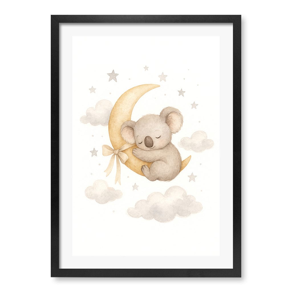 Baby Koala Sleeping Moon Nursery Wall Art Print A2 (42 x 59.4cm) / Matte Black Frame / White Border from our Australian Made Framed Wall Art, Prints & Posters collection by Profile Products (Australia) Pty Ltd