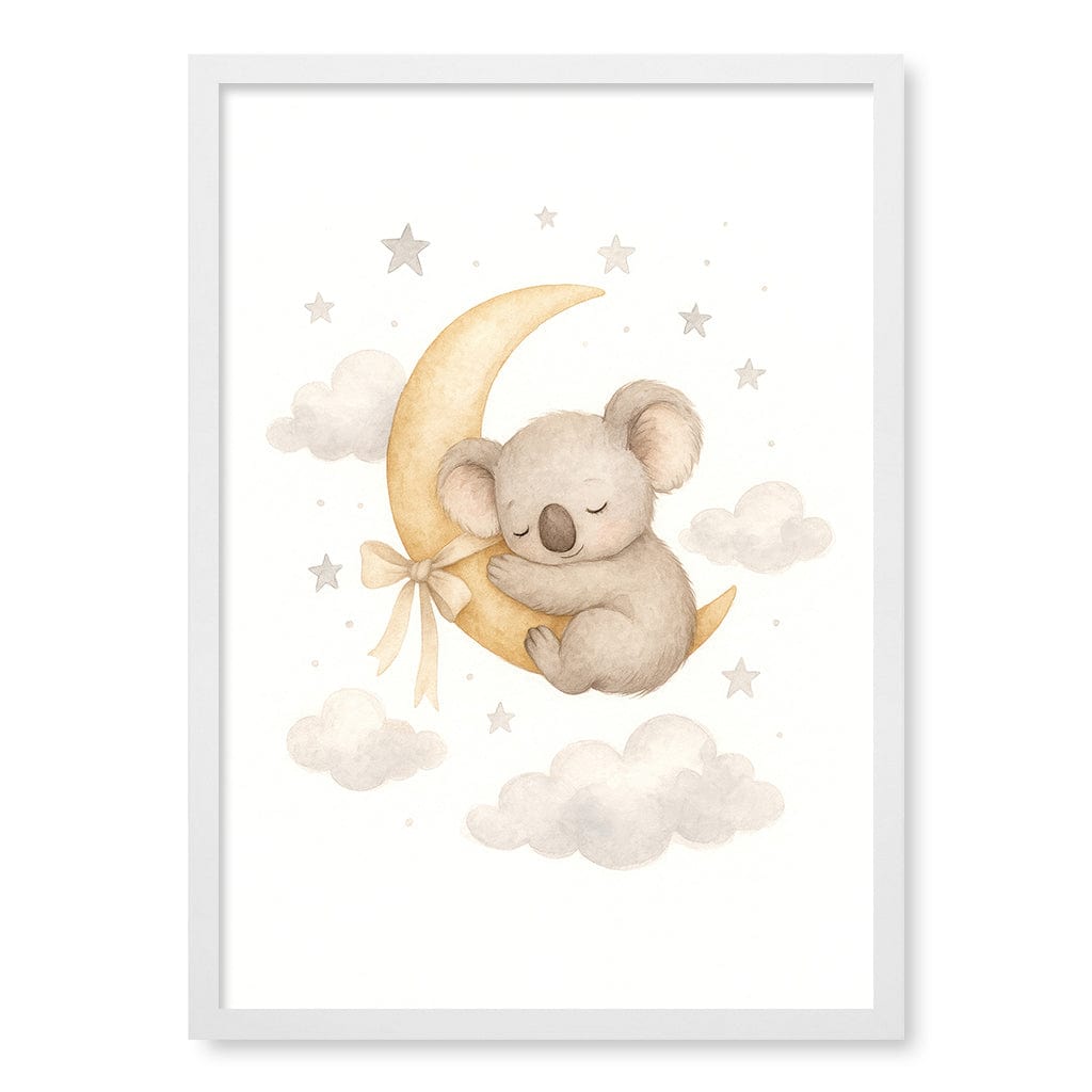 Baby Koala Sleeping Moon Nursery Wall Art Print A2 (42 x 59.4cm) / Matte White Frame / No Border from our Australian Made Framed Wall Art, Prints & Posters collection by Profile Products (Australia) Pty Ltd