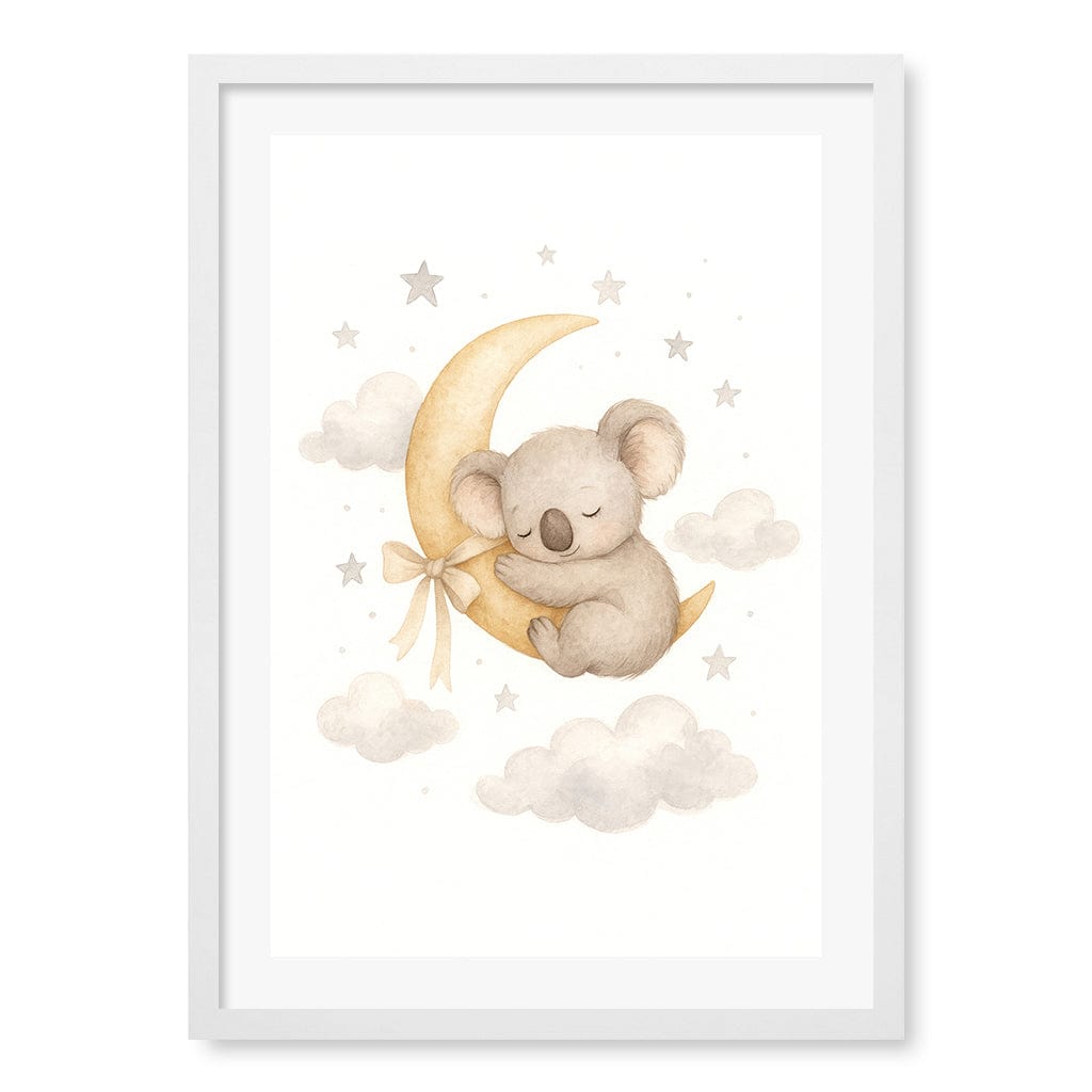Baby Koala Sleeping Moon Nursery Wall Art Print A2 (42 x 59.4cm) / Matte White Frame / White Border from our Australian Made Framed Wall Art, Prints & Posters collection by Profile Products (Australia) Pty Ltd